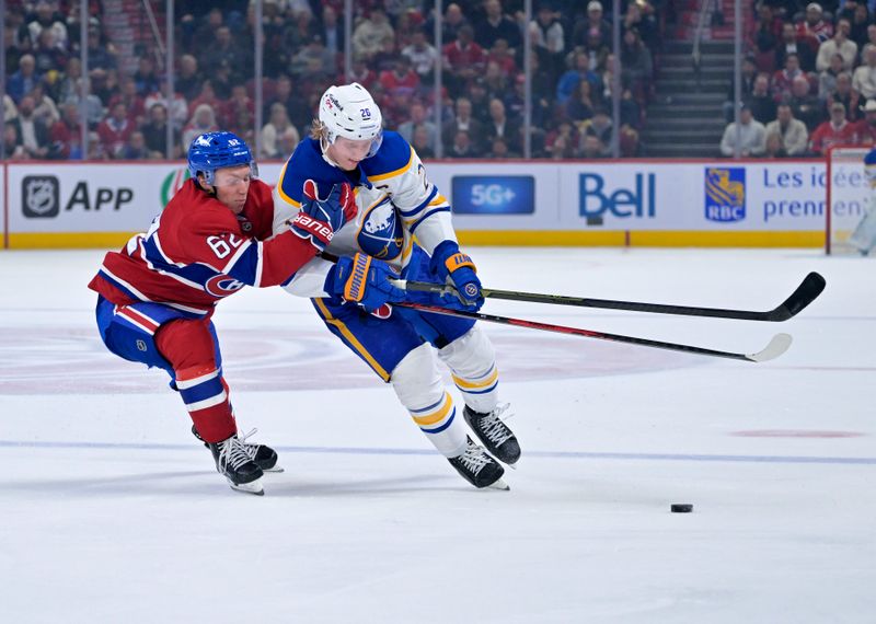 Oct 20, 2025; Montreal, Quebec, CAN; Montreal Canadiens forward Owen Beck (62) and Buffalo Sabres defenseman Rasmus Dahlin (26) battle for the puck during the second period at the Bell Centre. Mandatory Credit: Eric Bolte-Imagn Images