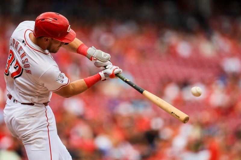 Jul 14, 2024; Cincinnati, Ohio, USA; Cincinnati Reds designated hitter Tyler Stephenson (37) hits a single in the seventh inning against the Miami Marlins at Great American Ball Park. Mandatory Credit: Katie Stratman-USA TODAY Sports