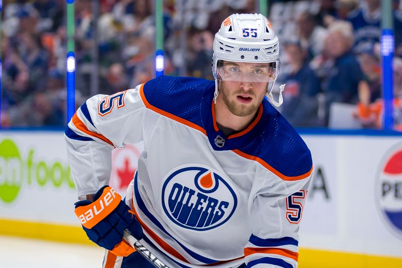 May 16, 2024; Vancouver, British Columbia, CAN; Edmonton Oilers forward Dylan Holloway (55) skates in warm up prior to game five of the second round of the 2024 Stanley Cup Playoffs against the Vancouver Canucks at Rogers Arena. Mandatory Credit: Bob Frid-USA TODAY Sports