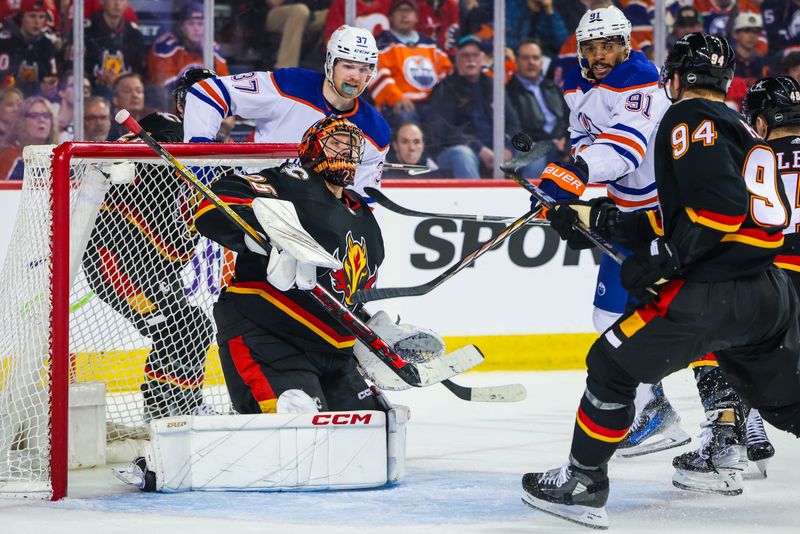 Apr 6, 2024; Calgary, Alberta, CAN; Calgary Flames goaltender Jacob Markstrom (25) guards his net against the Edmonton Oilers during the third period at Scotiabank Saddledome. Mandatory Credit: Sergei Belski-USA TODAY Sports