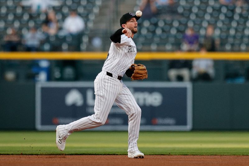 Apr 9, 2025; Denver, Colorado, USA; Colorado Rockies third baseman Ryan McMahon (24) throws to first for an out in the first inning against the Milwaukee Brewers at Coors Field. Mandatory Credit: Isaiah J. Downing-Imagn Images