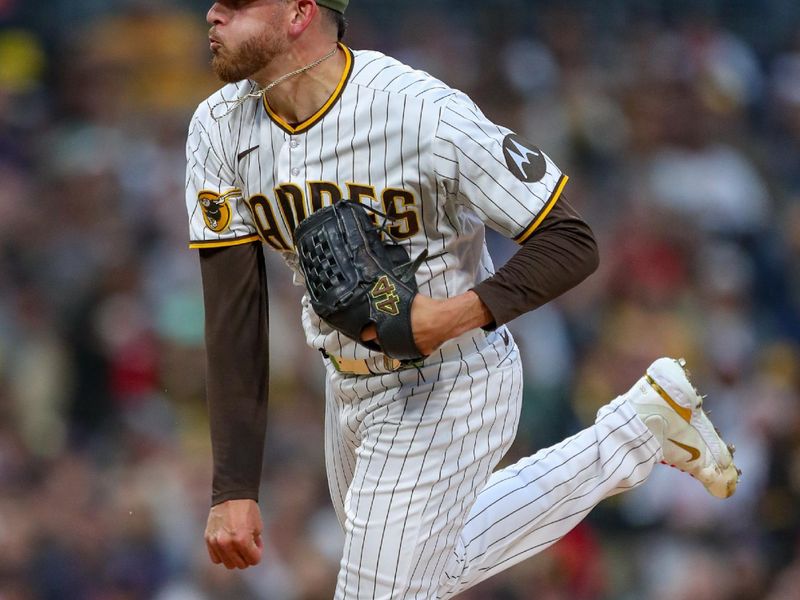 May 20, 2023; San Diego, California, USA; San Diego Padres starting pitcher Joe Musgrove (44) throws a pitch during the first inning against the Boston Red Sox at Petco Park. Mandatory Credit: David Frerker-USA TODAY Sports