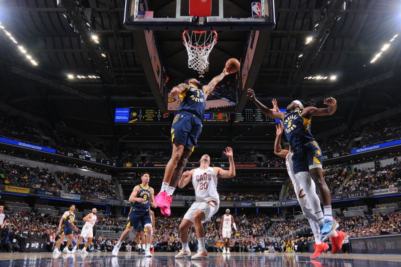 INDIANAPOLIS, IN - JANUARY 14: Obi Toppin #1 of the Indiana Pacers goes up for the rebound during the game against the Cleveland Cavaliers on January 14, 2025 at Gainbridge Fieldhouse in Indianapolis, Indiana. NOTE TO USER: User expressly acknowledges and agrees that, by downloading and or using this Photograph, user is consenting to the terms and conditions of the Getty Images License Agreement. Mandatory Copyright Notice: Copyright 2025 NBAE (Photo by Ron Hoskins/NBAE via Getty Images)