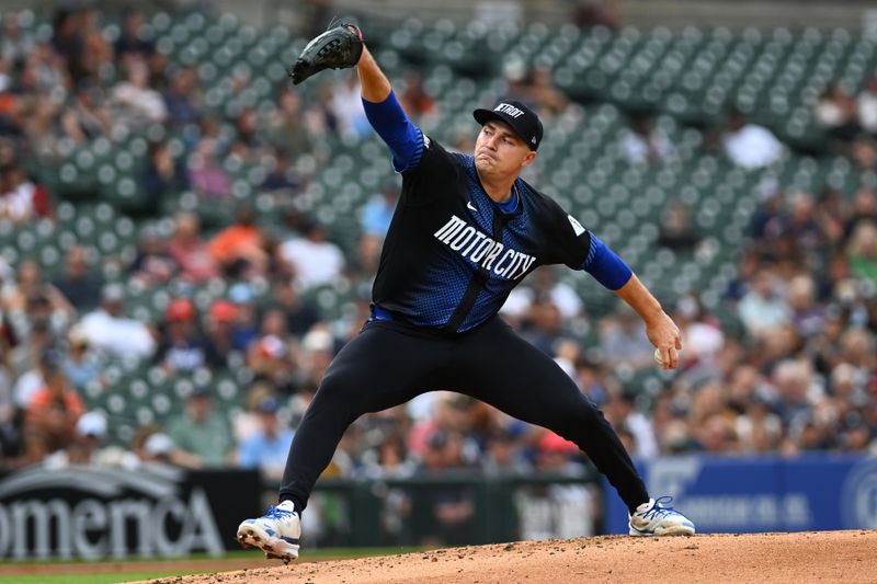 Aug 2, 2024; Detroit, Michigan, USA;  Detroit Tigers starting pitcher Tarik Skubal (29) throws a pitch against the Kansas City Royals in the second inning at Comerica Park. Mandatory Credit: Lon Horwedel-USA TODAY Sports