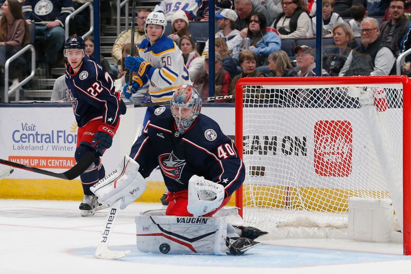 Feb 23, 2024; Columbus, Ohio, USA; Columbus Blue Jackets goalie Daniil Tarasov (40) makes a pad save against the Buffalo Sabres during the second period at Nationwide Arena. Mandatory Credit: Russell LaBounty-USA TODAY Sports