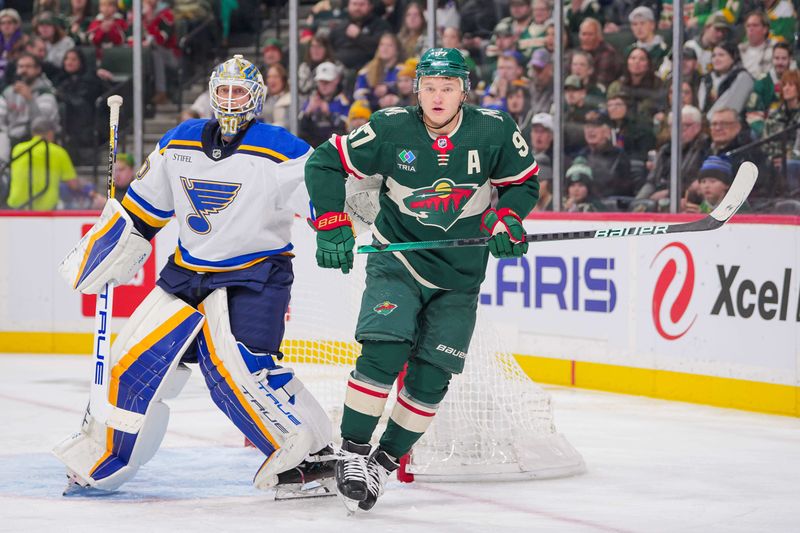 Nov 28, 2023; Saint Paul, Minnesota, USA; Minnesota Wild left wing Kirill Kaprizov (97) skates after the puck against the St. Louis Blues in the second period at Xcel Energy Center. Mandatory Credit: Brad Rempel-USA TODAY Sports