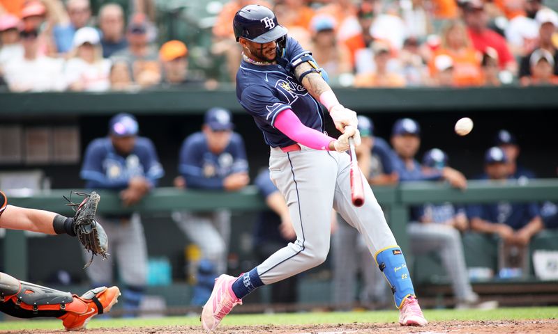 Jun 2, 2024; Baltimore, Maryland, USA; Tampa Bay Rays outfielder Jose Siri (22) swings during the eighth inning against the Baltimore Orioles at Oriole Park at Camden Yards. Mandatory Credit: Daniel Kucin Jr.-USA TODAY Sports