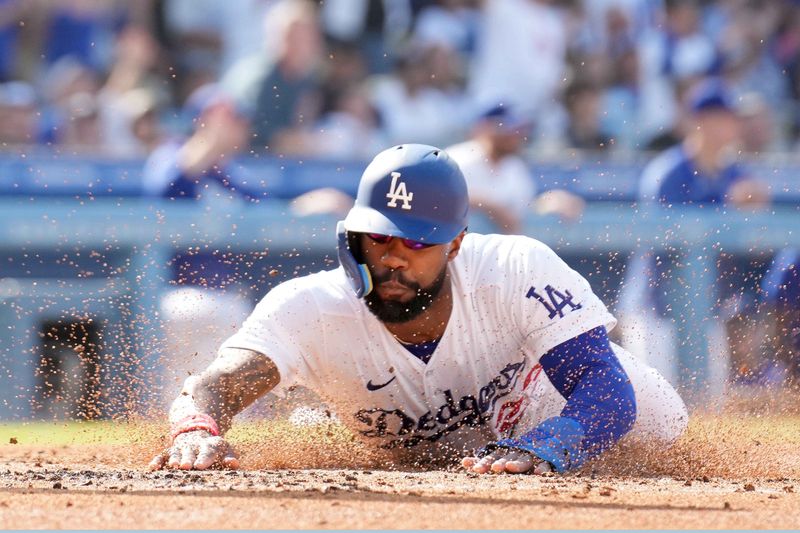 Jun 3, 2023; Los Angeles, California, USA; Los Angeles Dodgers right fielder Jason Heyward (23) slides into home plate to score in the second inning against the New York Yankees at Dodger Stadium. Mandatory Credit: Kirby Lee-USA TODAY Sports