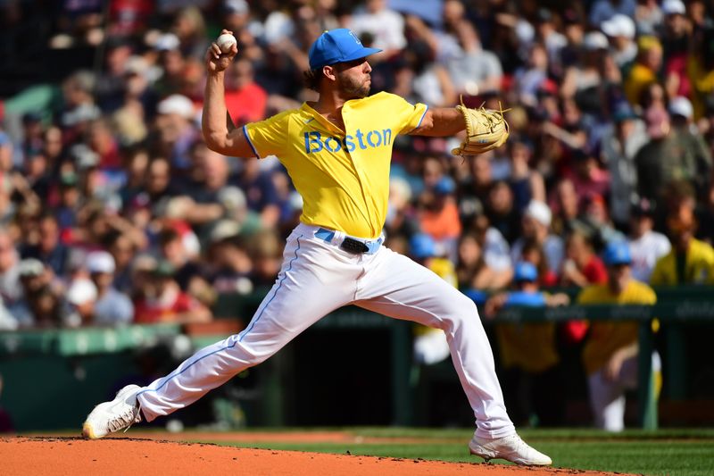Aug 24, 2024; Boston, Massachusetts, USA;  Boston Red Sox starting pitcher Kutter Crawford (50) pitches during the second inning against the Arizona Diamondbacks at Fenway Park. Mandatory Credit: Bob DeChiara-USA TODAY Sports