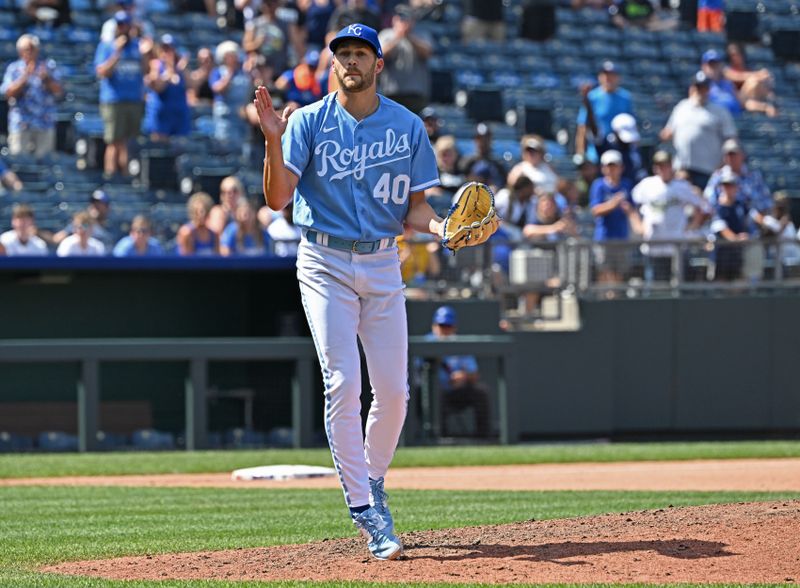 Jul 2, 2023; Kansas City, Missouri, USA;  Kansas City Royals relief pitcher Collin Snider (40) reacts after striking out the final batter of the game against the Los Angeles Dodgers at Kauffman Stadium. Mandatory Credit: Peter Aiken-USA TODAY Sports