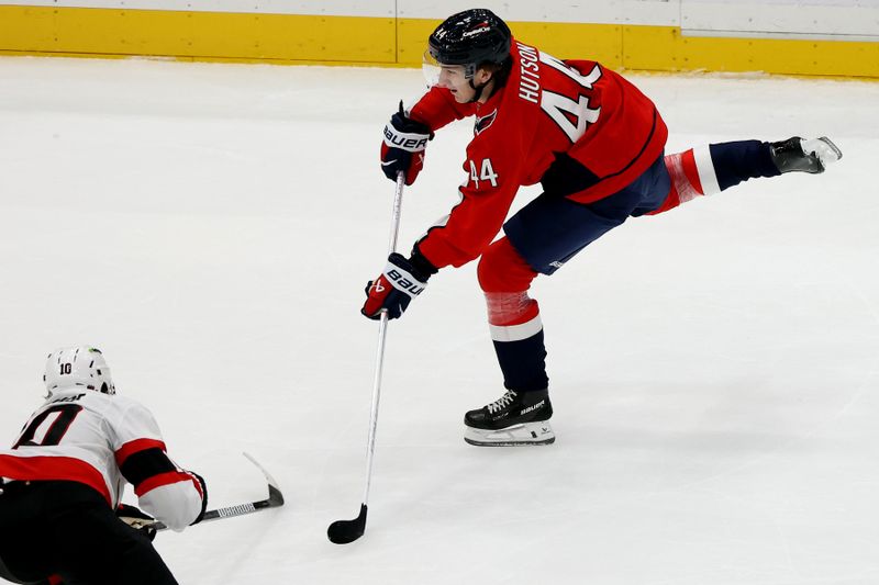 Mar 18, 2026; Washington, District of Columbia, USA; Washington Capitals defenseman Cole Hutson (44) scores a first NHL goal during the third period against the Ottawa Senators at Capital One Arena. Mandatory Credit: Daniel Kucin Jr.-Imagn Images