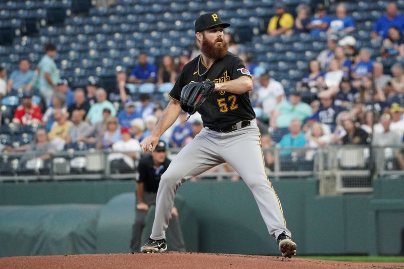 Aug 29, 2023; Kansas City, Missouri, USA; Pittsburgh Pirates starting pitcher Colin Selby (52) delivers a pitch against the Kansas City Royals in the first inning at Kauffman Stadium. Mandatory Credit: Denny Medley-USA TODAY Sports