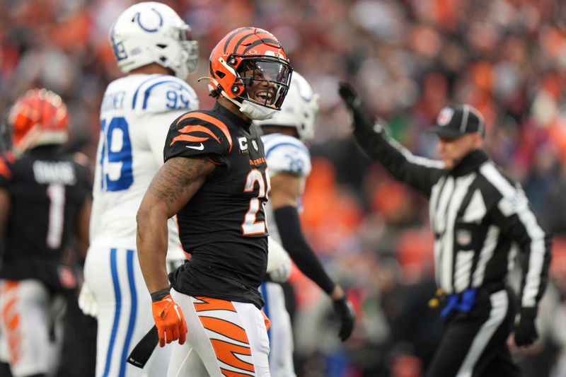 Cincinnati Bengals running back Joe Mixon (28) smiles after a physical run during an NFL football game against the Indianapolis Colts, Sunday, Dec. 10, 2023, in Cincinnati, OH. (AP Photo/Peter Joneleit)