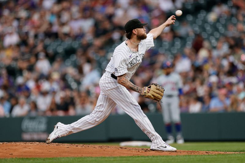 Aug 6, 2024; Denver, Colorado, USA; Colorado Rockies starting pitcher Kyle Freeland (21) pitches in the third inning against the New York Mets at Coors Field. Mandatory Credit: Isaiah J. Downing-USA TODAY Sports