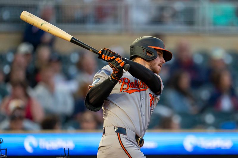 May 7, 2025; Minneapolis, Minnesota, USA; Baltimore Orioles catcher Adley Rutschman (35) hits a single against the Minnesota Twins in the sixth inning at Target Field. Mandatory Credit: Jesse Johnson-Imagn Images