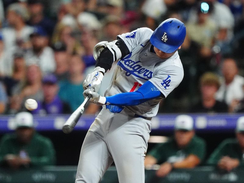 Sep 28, 2024; Denver, Colorado, USA; Los Angeles Dodgers designated hitter Shohei Ohtani (17) swings in the seventh inning against the Colorado Rockies at Coors Field. Mandatory Credit: Ron Chenoy-Imagn Images 