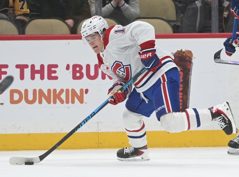 Dec 11, 2025; Pittsburgh, Pennsylvania, USA;  Montreal Canadiens center Cole Caufield (13) centers the puck prior to scoring against the Pittsburgh Penguins during the second period at PPG Paints Arena. Mandatory Credit: Philip G. Pavely-Imagn Images