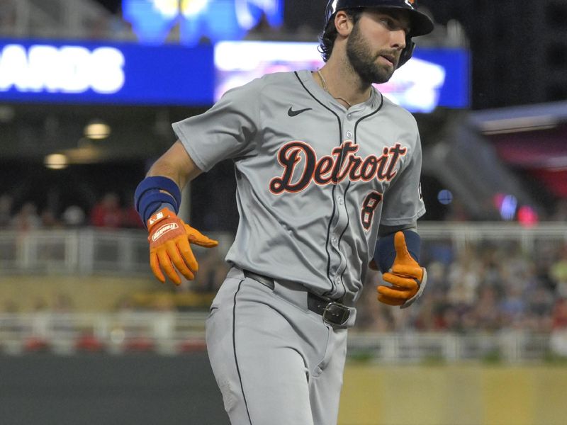 Jul 3, 2024; Minneapolis, Minnesota, USA; Detroit Tigers infielder Matt Vierling (8) rounds the bases after hitting a two-run home run against the Minnesota Twins during the ninth inning at Target Field. Mandatory Credit: Nick Wosika-USA TODAY Sports