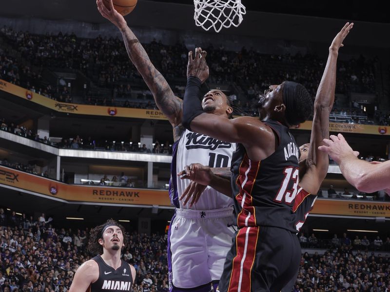 SACRAMENTO, CA - JANUARY 6: DeMar DeRozan #10 of the Sacramento Kings drives to the basket during the game against the Miami Heat on January 6, 2025 at Golden 1 Center in Sacramento, California. NOTE TO USER: User expressly acknowledges and agrees that, by downloading and or using this Photograph, user is consenting to the terms and conditions of the Getty Images License Agreement. Mandatory Copyright Notice: Copyright 2025 NBAE (Photo by Rocky Widner/NBAE via Getty Images)