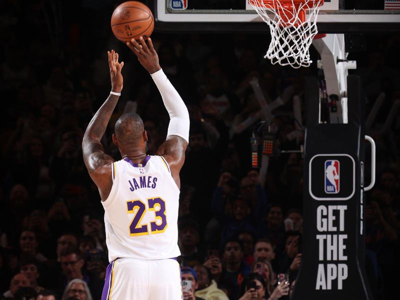 NEW YORK, NY - FEBRUARY 3: LeBron James #23 of the Los Angeles Lakers shoots a free throw during the game against the New York Knicks on February 3, 2024 at Madison Square Garden in New York City, New York.  NOTE TO USER: User expressly acknowledges and agrees that, by downloading and or using this photograph, User is consenting to the terms and conditions of the Getty Images License Agreement. Mandatory Copyright Notice: Copyright 2024 NBAE  (Photo by Nathaniel S. Butler/NBAE via Getty Images)