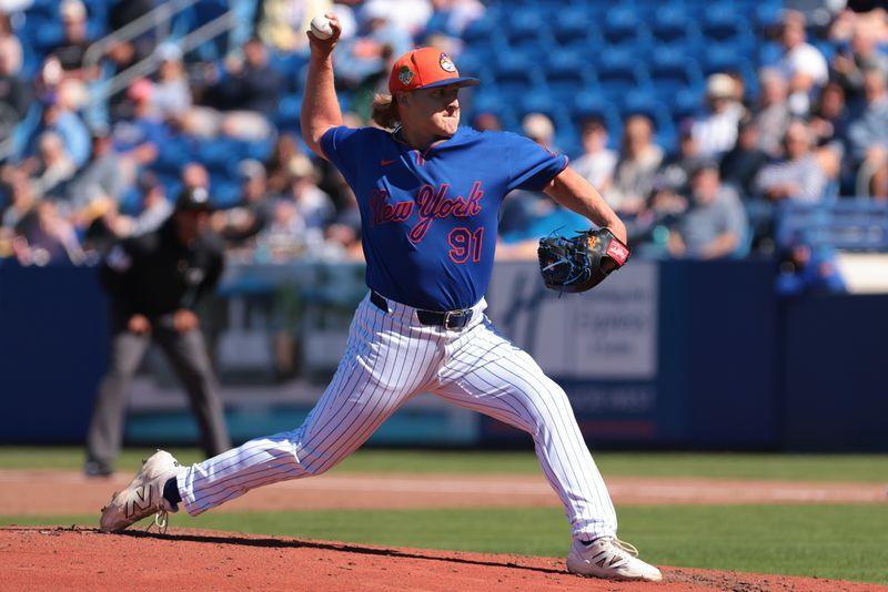 Feb 24, 2026; Port St. Lucie, Florida, USA; New York Mets relief pitcher Jonathan Pintaro (91) delivers a pitch against the Houston Astros during the third inning at Clover Park. Mandatory Credit: Sam Navarro-Imagn Images