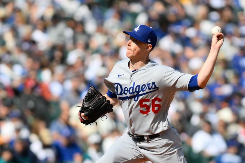 Sep 17, 2023; Seattle, Washington, USA; Los Angeles Dodgers relief pitcher Ryan Yarbrough (56) pitches to the Seattle Mariners during the second inning at T-Mobile Park. Mandatory Credit: Steven Bisig-USA TODAY Sports