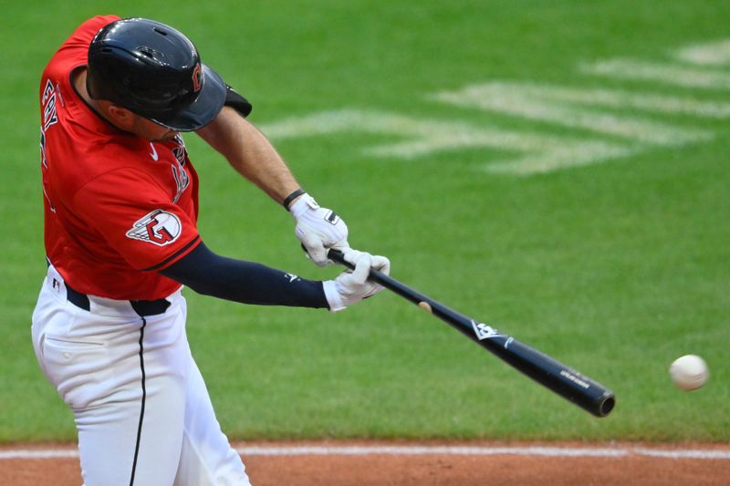 Aug 27, 2024; Cleveland, Ohio, USA; Cleveland Guardians catcher David Fry (6) singles in the second inning against the Kansas City Royals at Progressive Field. Mandatory Credit: David Richard-USA TODAY Sports