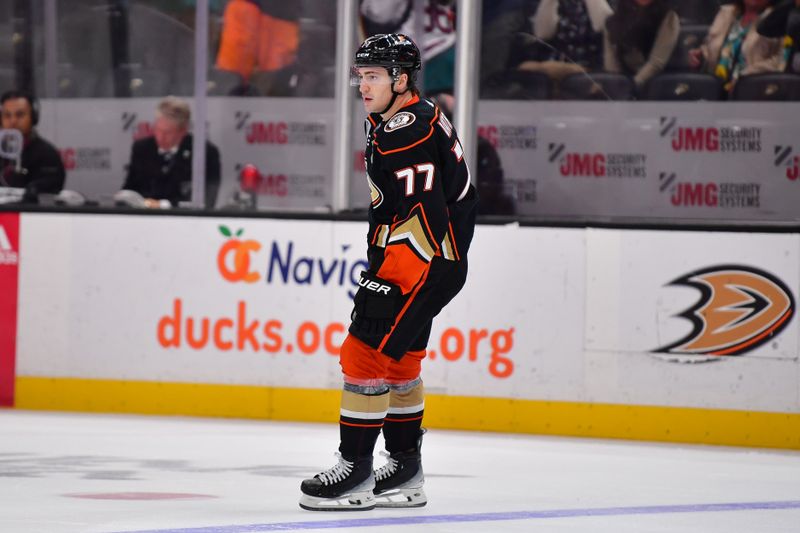 Jan 31, 2024; Anaheim, California, USA; Anaheim Ducks right wing Frank Vatrano (77) celebrtes his goal scored for the victory against the San Jose Sharks in the overtime period at Honda Center. Mandatory Credit: Gary A. Vasquez-USA TODAY Sports