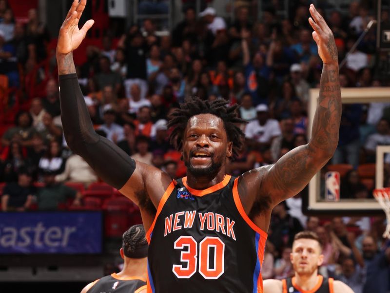 MIAMI, FL - MARCH 3: Julius Randle #30 of the New York Knicks reacts during the game against the Miami Heat on March 3, 2023 at Miami-Dade Arena in Miami, Florida. NOTE TO USER: User expressly acknowledges and agrees that, by downloading and or using this Photograph, user is consenting to the terms and conditions of the Getty Images License Agreement. Mandatory Copyright Notice: Copyright 2023 NBAE (Photo by Issac Baldizon/NBAE via Getty Images)