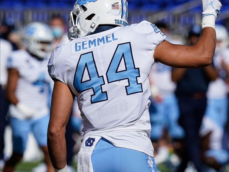 Nov 7, 2020; Durham, North Carolina, USA; North Carolina Tar Heels linebacker Jeremiah Gemmel (44) reacts to his sac against the Duke Blue Devils during the first quarter at Wallace Wade Stadium. Mandatory Credit: Jim Dedmon-USA TODAY Sports