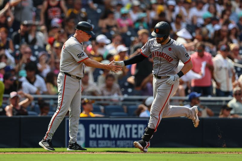 Sep 8, 2024; San Diego, California, USA; San Francisco Giants catcher Curt Casali (2) rounds the bases after hitting a solo home run during the sixth inning against the San Diego Padres at Petco Park. Mandatory Credit: Chadd Cady-Imagn Images