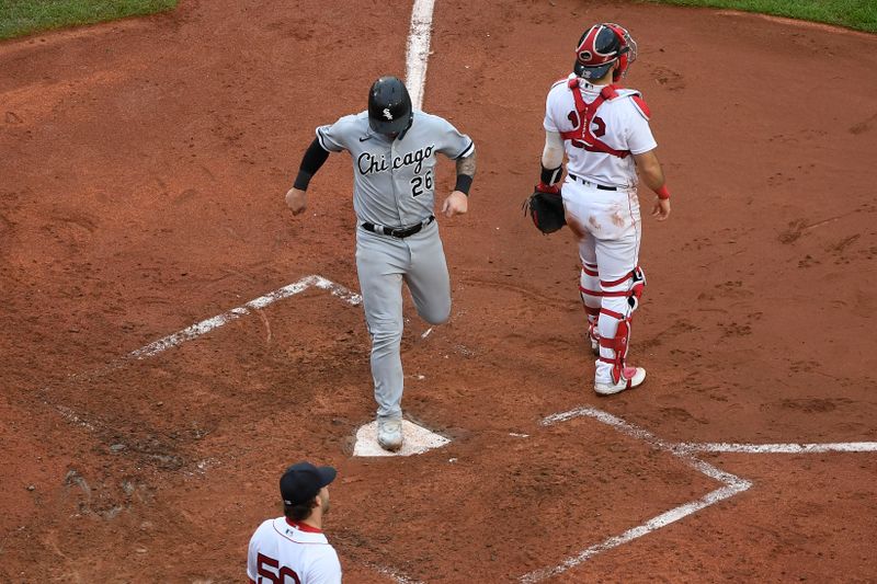 Sep 24, 2023; Boston, Massachusetts, USA; Chicago White Sox catcher Korey Lee (26) scores a run during the fifth inning against the Boston Red Sox at Fenway Park. Mandatory Credit: Bob DeChiara-USA TODAY Sports