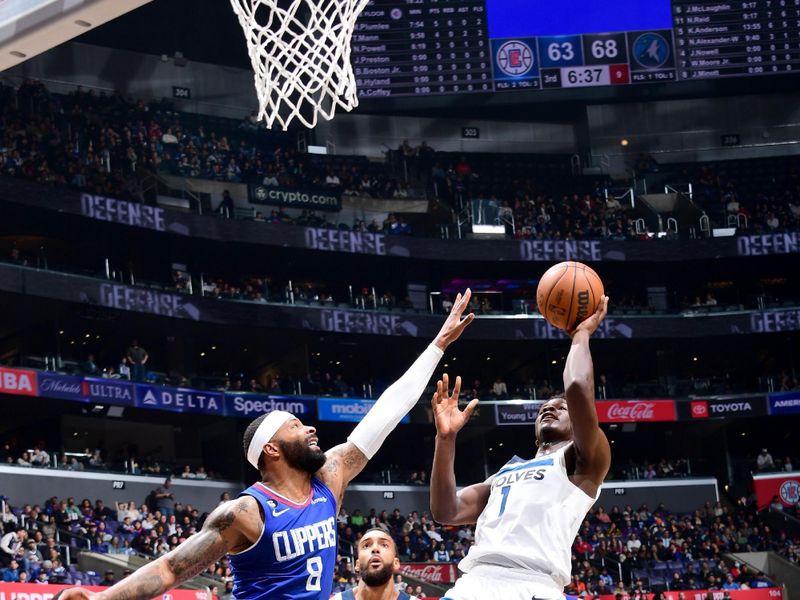 LOS ANGELES, CA - FEBRUARY 28: Anthony Edwards #1 of the Minnesota Timberwolves shoots the ball during the game against the LA Clippers on February 28, 2023 at Crypto.Com Arena in Los Angeles, California. NOTE TO USER: User expressly acknowledges and agrees that, by downloading and/or using this Photograph, user is consenting to the terms and conditions of the Getty Images License Agreement. Mandatory Copyright Notice: Copyright 2023 NBAE (Photo by Adam Pantozzi/NBAE via Getty Images)