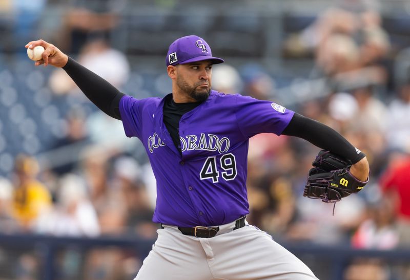 Mar 5, 2025; Peoria, Arizona, USA; Colorado Rockies pitcher Antonio Senzatela against the San Diego Padres during a spring training game at Peoria Sports Complex. Mandatory Credit: Mark J. Rebilas-Imagn Images