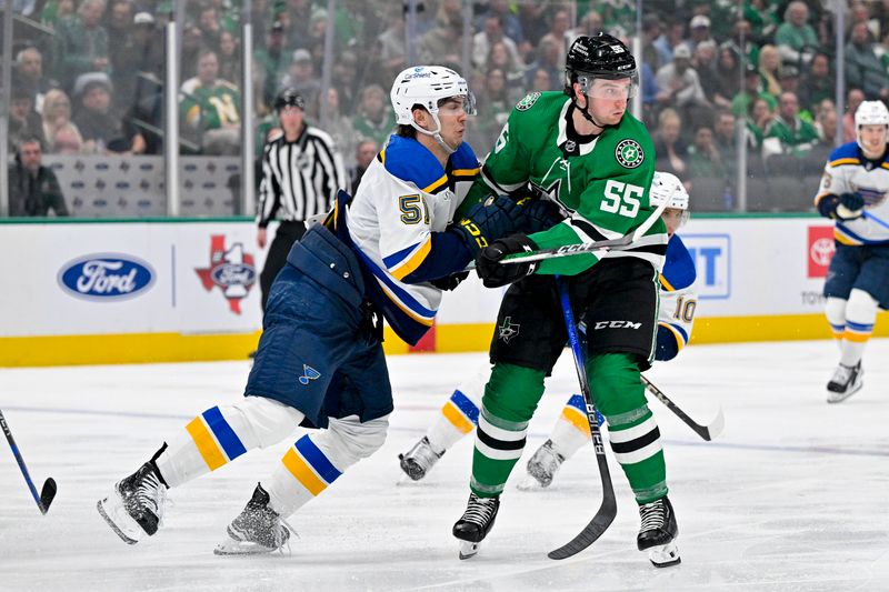 Apr 17, 2024; Dallas, Texas, USA; St. Louis Blues defenseman Matthew Kessel (51) and Dallas Stars defenseman Thomas Harley (55) battle for position in the Blues zone during the second period at the American Airlines Center. Mandatory Credit: Jerome Miron-USA TODAY Sports