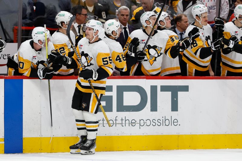 Nov 8, 2024; Washington, District of Columbia, USA; Pittsburgh Penguins center Noel Acciari (55) celebrates with teammates after scoring an empty net goal against the Washington Capitals in the third period at Capital One Arena. Mandatory Credit: Geoff Burke-Imagn Images