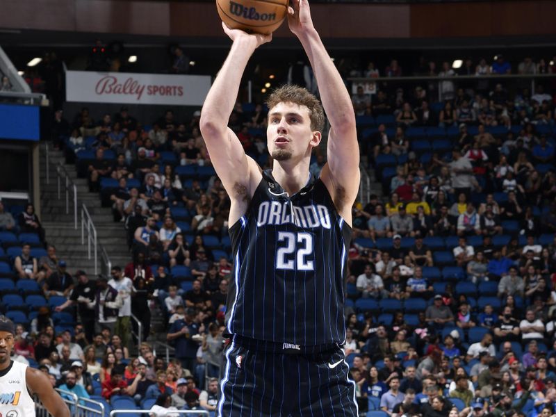 ORLANDO, FL - FEBRUARY 11: Franz Wagner #22 of the Orlando Magic prepares to shoot a free throw during the game against the Miami Heat on February 11, 2023 at Amway Center in Orlando, Florida. NOTE TO USER: User expressly acknowledges and agrees that, by downloading and or using this photograph, User is consenting to the terms and conditions of the Getty Images License Agreement. Mandatory Copyright Notice: Copyright 2023 NBAE (Photo by Fernando Medina/NBAE via Getty Images)