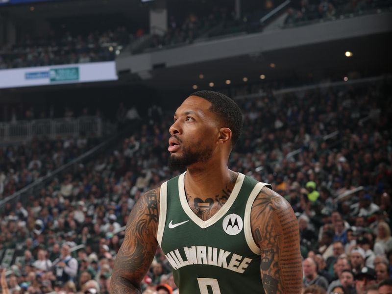 MILWAUKEE, WI - APRIL 21: Damian Lillard #0 of the Milwaukee Bucks shoots the ball during the game against the Indiana Pacers during Round 1 Game 1 of the 2024 NBA Playoffs on April 21, 2024 at the Fiserv Forum Center in Milwaukee, Wisconsin. NOTE TO USER: User expressly acknowledges and agrees that, by downloading and or using this Photograph, user is consenting to the terms and conditions of the Getty Images License Agreement. Mandatory Copyright Notice: Copyright 2024 NBAE (Photo by Gary Dineen/NBAE via Getty Images).