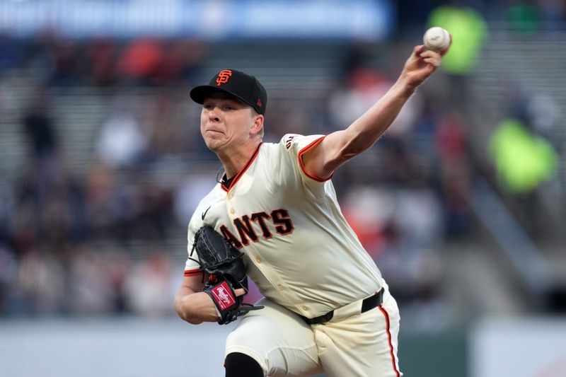 Apr 9, 2024; San Francisco, California, USA; San Francisco Giants starting pitcher Kyle Harrison (45) throws a pitch against the Washington Nationals during the first inning at Oracle Park. Mandatory Credit: Darren Yamashita-USA TODAY Sports