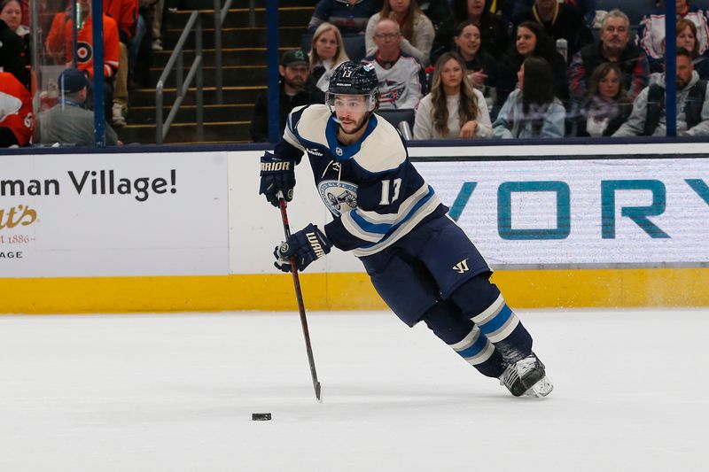 Apr 6, 2024; Columbus, Ohio, USA; Columbus Blue Jackets left wing Johnny Gaudreau (13) carries the puck against the Philadelphia Flyers during the first period at Nationwide Arena. Mandatory Credit: Russell LaBounty-USA TODAY Sports