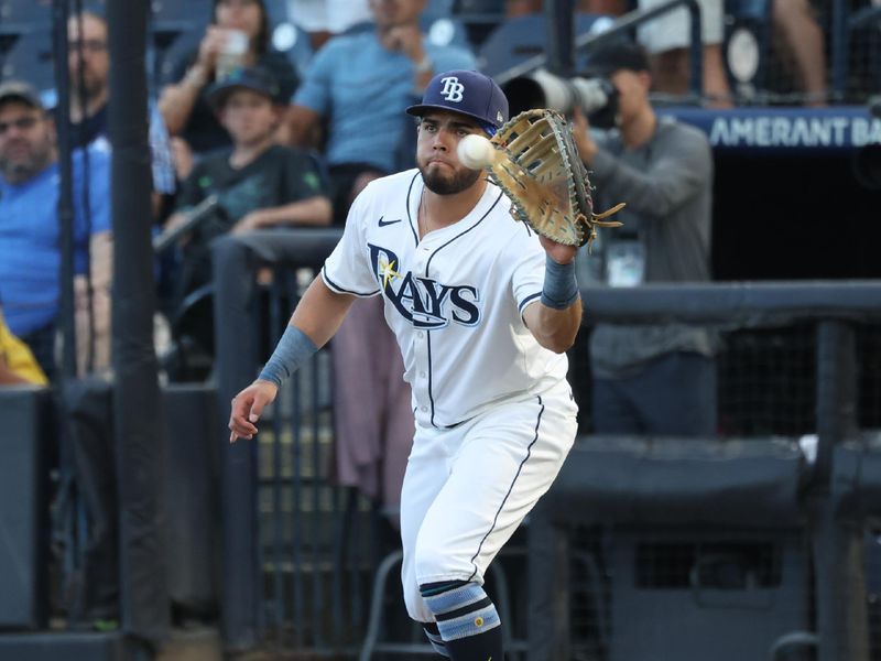 Apr 29, 2025; St. Petersburg, Florida, USA;  Tampa Bay Rays first baseman Jonathan Aranda (62) makes an out against the Kansas City Royals during the second inning at George M. Steinbrenner Field. Mandatory Credit: Kim Klement Neitzel-Imagn Images