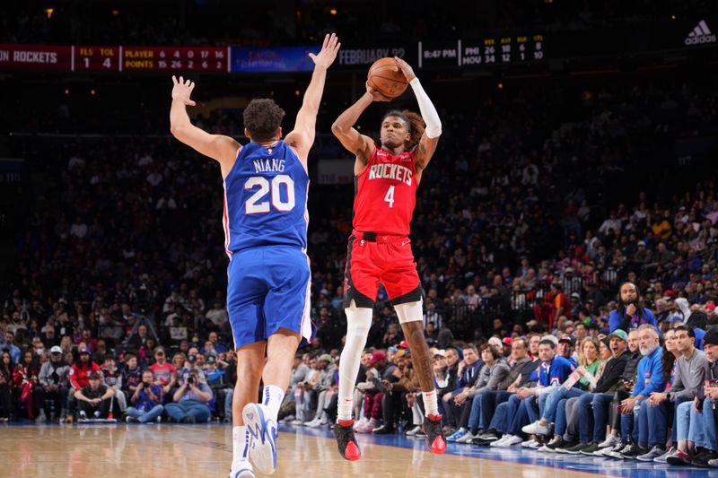 PHILADELPHIA, PA - FEBRUARY 13: Jalen Green #4 of the Houston Rockets shoots the ball during the game against the Philadelphia 76ers on February 13, 2023 at the Wells Fargo Center in Philadelphia, Pennsylvania NOTE TO USER: User expressly acknowledges and agrees that, by downloading and/or using this Photograph, user is consenting to the terms and conditions of the Getty Images License Agreement. Mandatory Copyright Notice: Copyright 2023 NBAE (Photo by Jesse D. Garrabrant/NBAE via Getty Images)