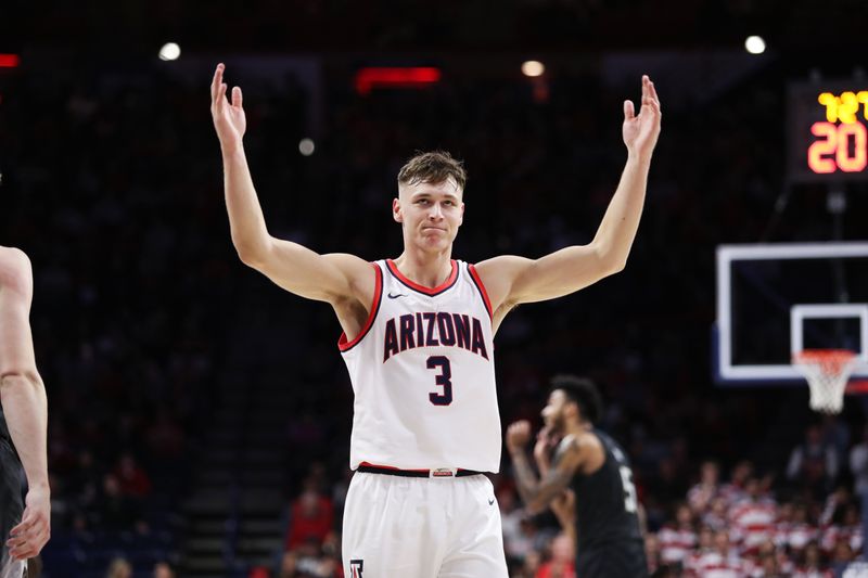 Jan 5, 2023; Tucson, Arizona, USA; Arizona Wildcats guard Pelle Larsson (3) after a basket in the first half at McKale Center. Mandatory Credit: Zachary BonDurant-USA TODAY Sports