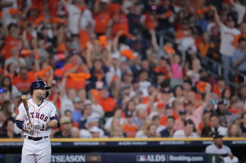 Oct 7, 2023; Houston, Texas, USA; Houston Astros second baseman Jose Altuve (27) waits prepares to bat in the fourth inning  during game one of the ALDS for the 2023 MLB playoffs at Minute Maid Park. Mandatory Credit: Erik Williams-USA TODAY Sports