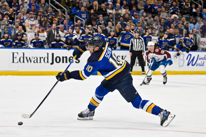 Mar 19, 2024; St. Louis, Missouri, USA;  St. Louis Blues center Brayden Schenn (10) shoots against the Colorado Avalanche during the second period at Enterprise Center. Mandatory Credit: Jeff Curry-USA TODAY Sports