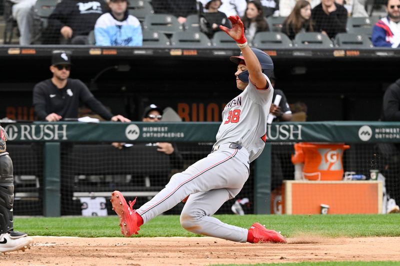 May 14, 2024; Chicago, Illinois, USA;  Washington Nationals third baseman Trey Lipscomb (38) scores  against the Chicago White Sox during the fifth inning at Guaranteed Rate Field. Mandatory Credit: Matt Marton-USA TODAY Sports