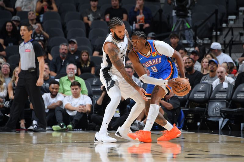 SAN ANTONIO, TX - OCTOBER 7: Jalen Williams #8 of the Oklahoma City Thunder handles the ball during the game against the San Antonio Spurs during a NBA preseason game on October 7, 2024 at the Frost Bank Center in San Antonio, Texas. NOTE TO USER: User expressly acknowledges and agrees that, by downloading and or using this photograph, user is consenting to the terms and conditions of the Getty Images License Agreement. Mandatory Copyright Notice: Copyright 2024 NBAE (Photos by Michael Gonzales/NBAE via Getty Images)