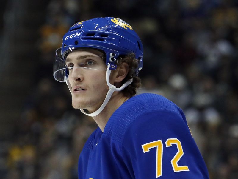 Dec 10, 2022; Pittsburgh, Pennsylvania, USA; Buffalo Sabres center Tage Thompson (72) looks on against the Pittsburgh Penguins during the second period at PPG Paints Arena. The Penguins won 3-1. Mandatory Credit: Charles LeClaire-USA TODAY Sports