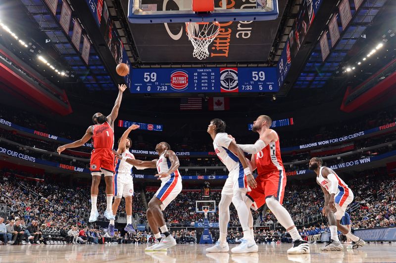 DETROIT, MI - FEBRUARY 24: James Harden #1 of the LA Clippers shoots the ball during the game against the Detroit Pistons on February 24, 2025 at Little Caesars Arena in Detroit, Michigan. NOTE TO USER: User expressly acknowledges and agrees that, by downloading and/or using this photograph, User is consenting to the terms and conditions of the Getty Images License Agreement. Mandatory Copyright Notice: Copyright 2025 NBAE (Photo by Chris Schwegler/NBAE via Getty Images)