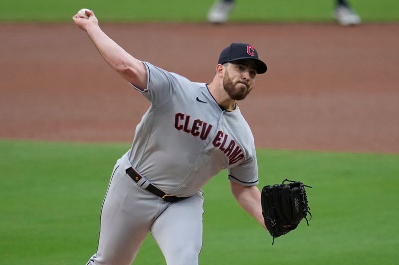 Jun 14, 2023; San Diego, California, USA;  Cleveland Guardians starting pitcher Aaron Civale (43) throws a pitch against the San Diego Padres during the first inning at Petco Park. Mandatory Credit: Ray Acevedo-USA TODAY Sports